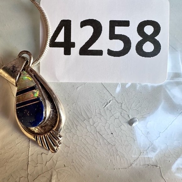 Opal And Lapis Bezel Set Sterling 925 inlay Pendant Necklace Signed VTG 4250 W - Picture 8 of 16